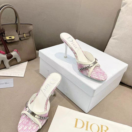 DIOR 26S KITTEN HEEL SLIDE SANDALS 85MM IN PINK MONOGRAM CANVAS CALFSKIN CHAIN STRAP