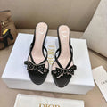 DIOR 26S KITTEN HEEL SANDALS 85MM IN BLACK CALFSKIN BOW STUDDED