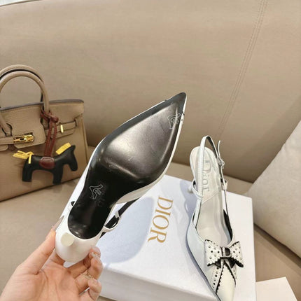 DIOR 26S SLINGBACK KITTEN HEEL PUMPS 85MM IN WHITE CALFSKIN STUDDED BOW STRAP