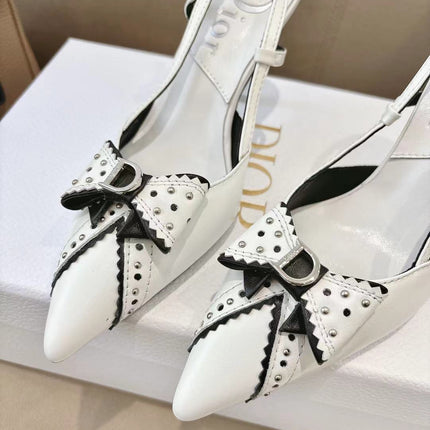 DIOR 26S SLINGBACK KITTEN HEEL PUMPS 85MM IN WHITE CALFSKIN STUDDED BOW STRAP