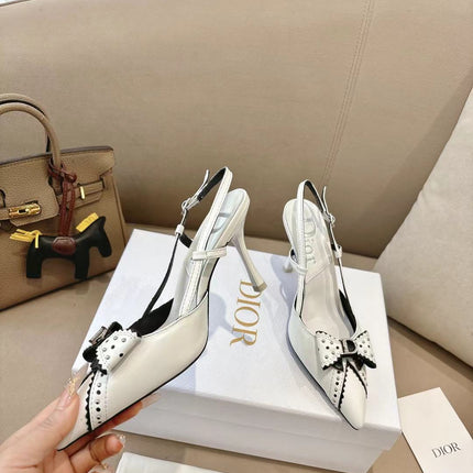 DIOR 26S SLINGBACK KITTEN HEEL PUMPS 85MM IN WHITE CALFSKIN STUDDED BOW STRAP