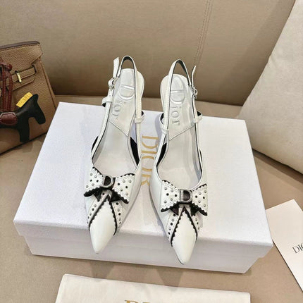DIOR 26S SLINGBACK KITTEN HEEL PUMPS 85MM IN WHITE CALFSKIN STUDDED BOW STRAP