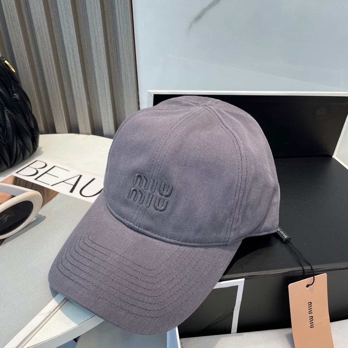 MIUMIU BASEBALL CAP IN GREY ORANGE FABRIC BRAND EMBROIDERY