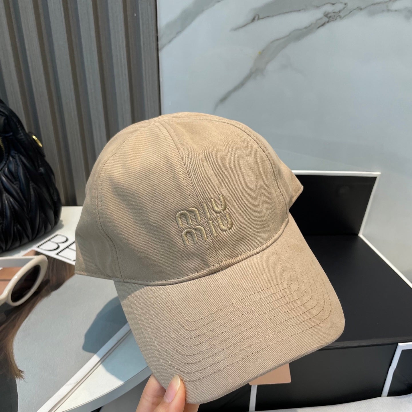 MIUMIU BASEBALL CAP IN BEIGE FABRIC BRAND EMBROIDERY