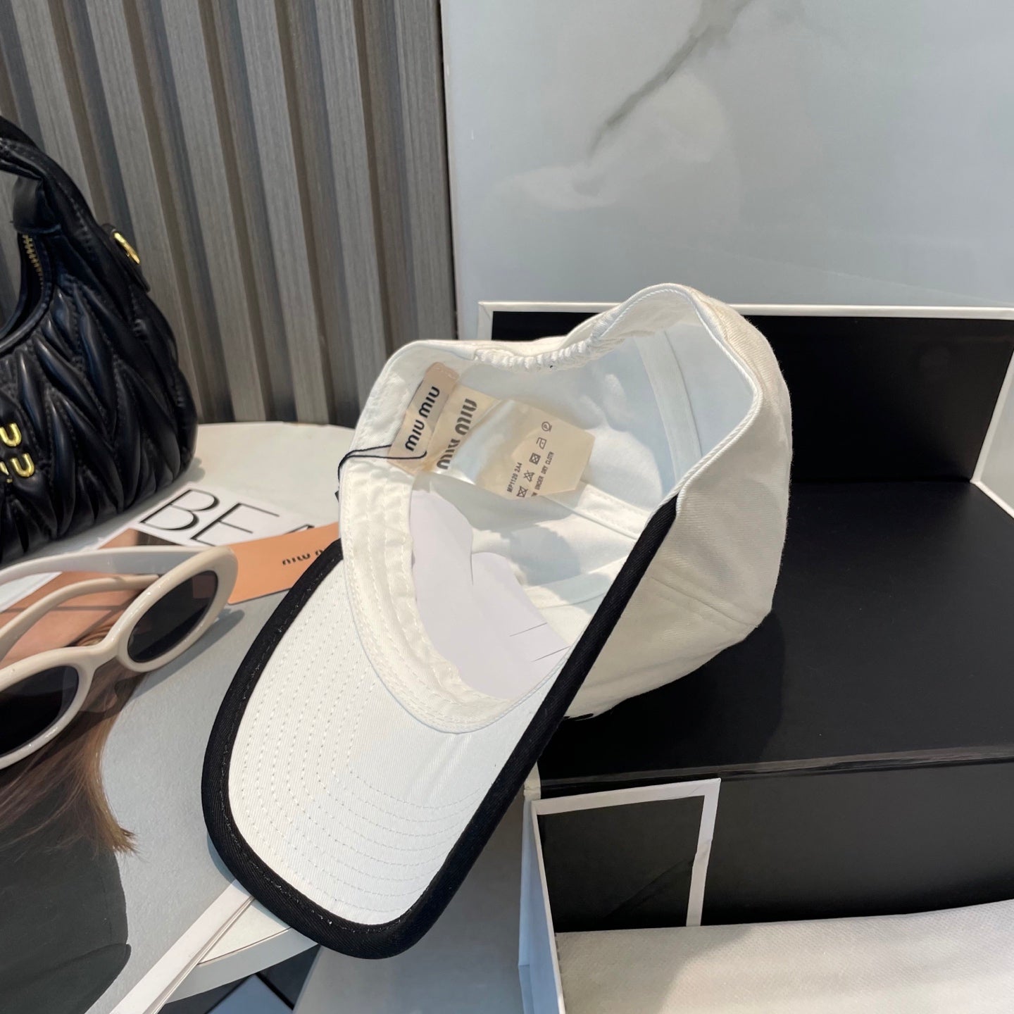 MIUMIU BASEBALL CAP IN WHITE AND BLACK FABRIC STYLE 1
