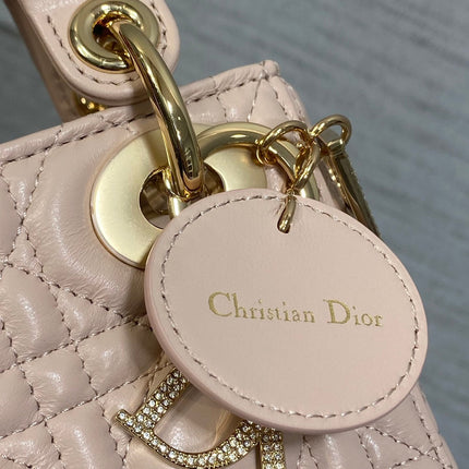 DIOR 25S MINI LADY DIOR BAG 17 IN PINK CALFSKIN CHARM CRYSTAL EMBELLISHMENTS