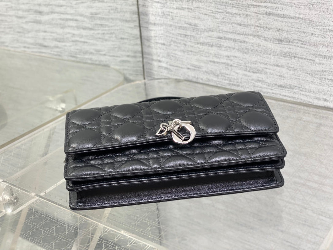 DIOR 25S DIOR TALK PHONE POUCH 21 IN BLACK CANNAGE LAMBSKIN SILVER HARDWARE