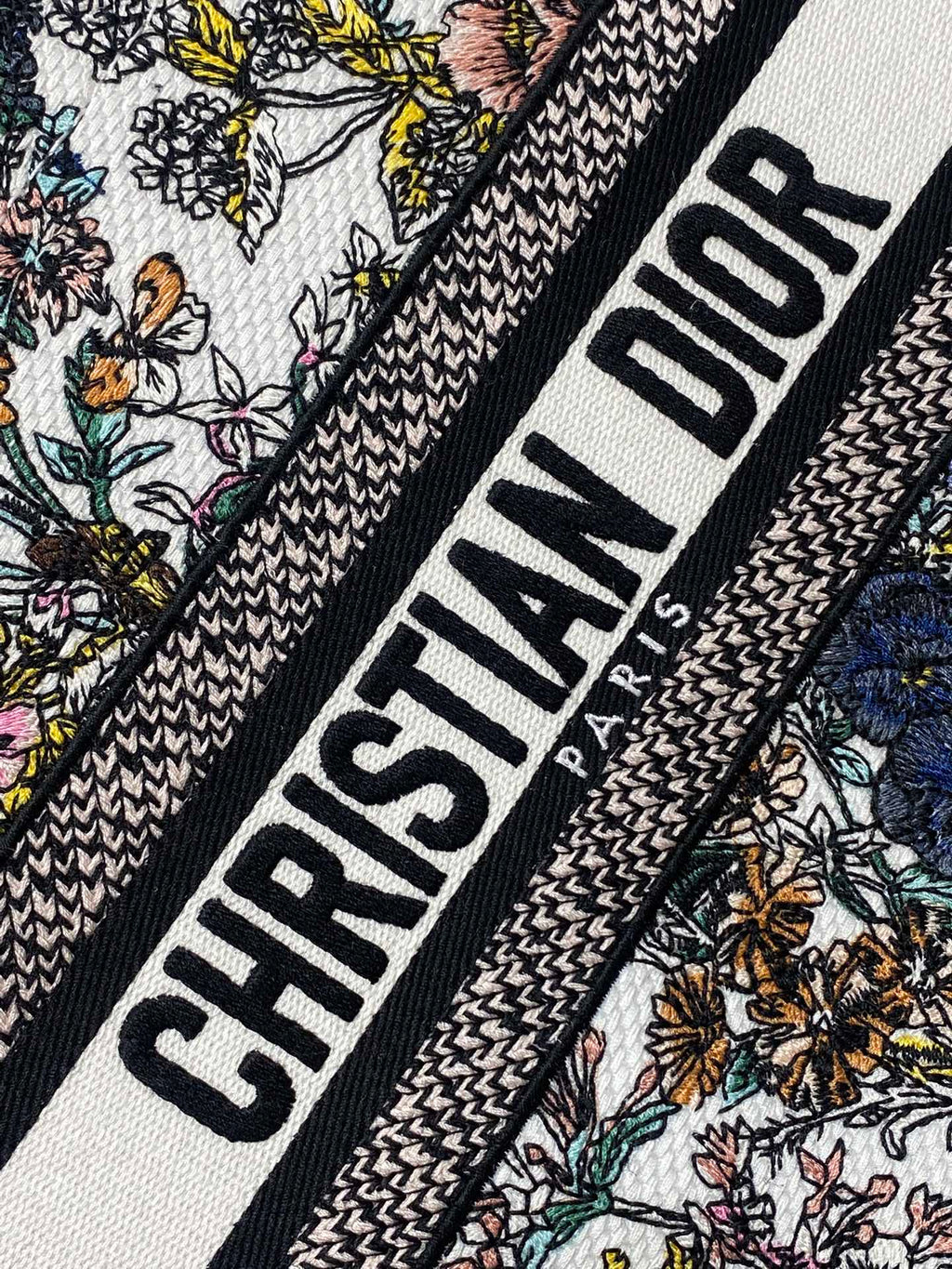 DIOR 25S LUCKY SMALL DIOR BOOK TOTE 26 IN MULTICOLOR DIOR FLOWERS CALENDAR ALLOVER EMBROIDERY