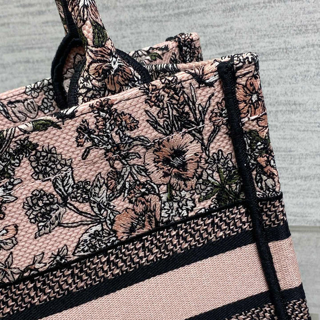 DIOR 25S LUCKY SMALL DIOR BOOK TOTE 26 IN PINK MULTICOLOR DIOR FLOWERS CALENDAR ALLOVER EMBROIDERY
