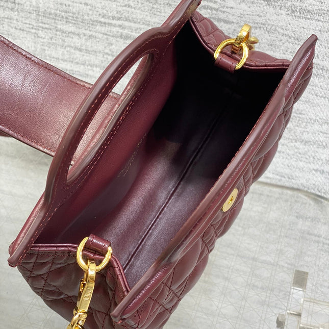 DIOR 25S JOLIE TOP HANDLE MINI BAG 18 IN BURGUNDY CALFSKIN GOLD HARDWARE