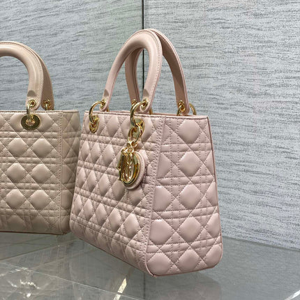 DIOR 25S MEDIUM LADY BAG 24 IN PINK CALFSKIN GOLD HARDWARE