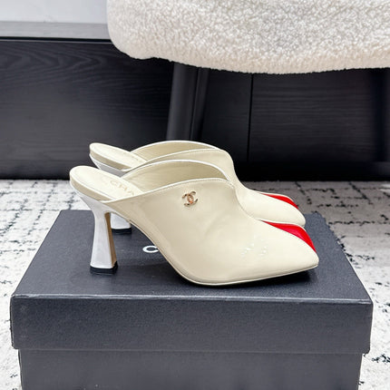 CHANEL 26S SQUARE-TOE HEELED MULES 95 MM IN CREAM WHITE MIX RED PATENT LAMBSKIN