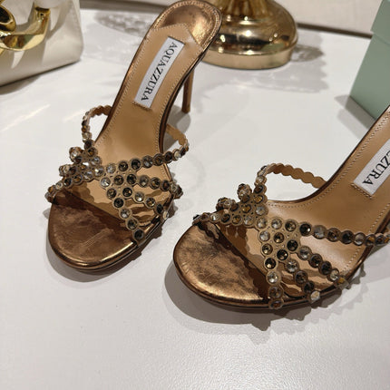AQUAZZURA 26S HIGH-HEEL SANDALS 85 MM IN METALLIC BRONZE CALFSKIN
