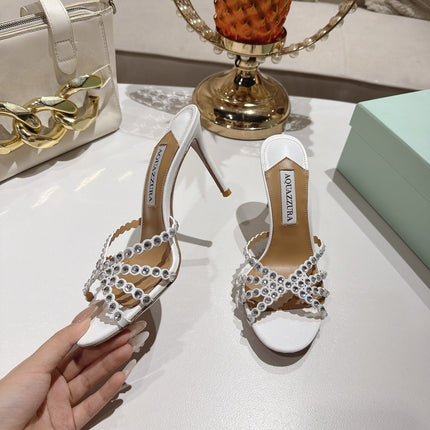 AQUAZZURA 26S HIGH-HEEL SANDALS 85 MM IN WHITE CALFSKIN