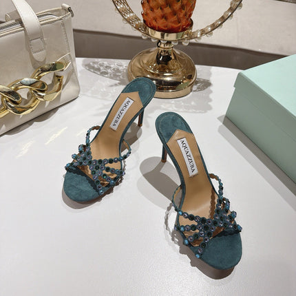 AQUAZZURA 26S HIGH-HEEL SANDALS 85 MM IN DARK GREEN SUEDE