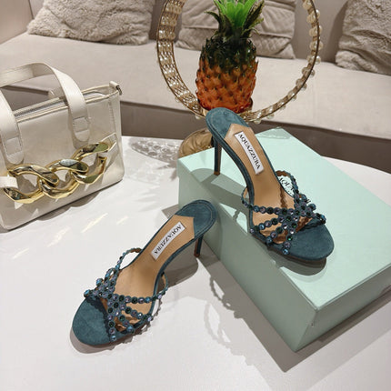 AQUAZZURA 26S HIGH-HEEL SANDALS 85 MM IN DARK GREEN SUEDE