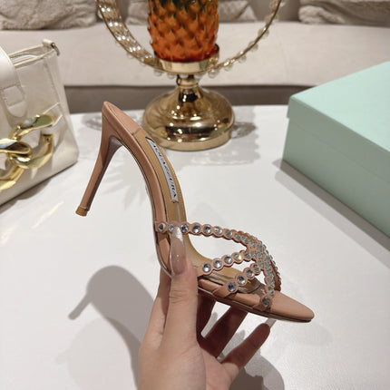AQUAZZURA 26S HIGH-HEEL SANDALS 85 MM IN BEIGE CALFSKIN