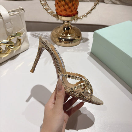 AQUAZZURA 26S HIGH-HEEL SANDALS 85 MM IN GOLD SNAKESKIN 