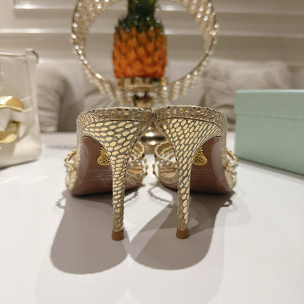 AQUAZZURA 26S HIGH-HEEL SANDALS 85 MM IN GOLD SNAKESKIN 