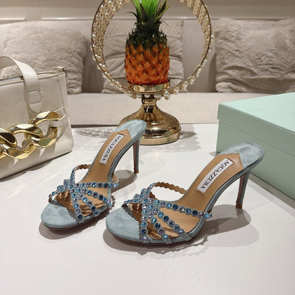 AQUAZZURA 26S HIGH-HEEL SANDALS 85 MM IN DUSTY BLUE SUEDE