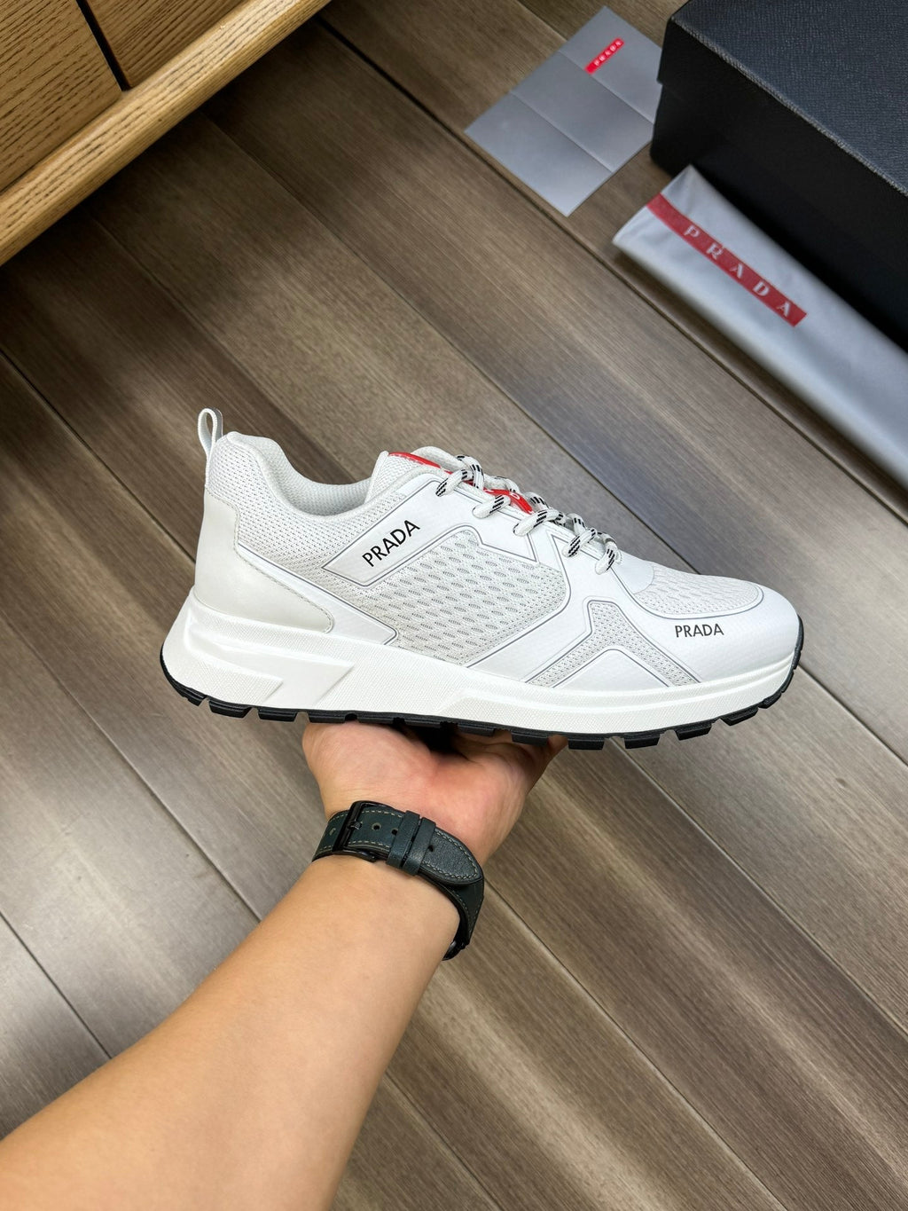PRA SNEAKER WHITE NAPPA CALFSKIN AND FLYKNIT FABRIC