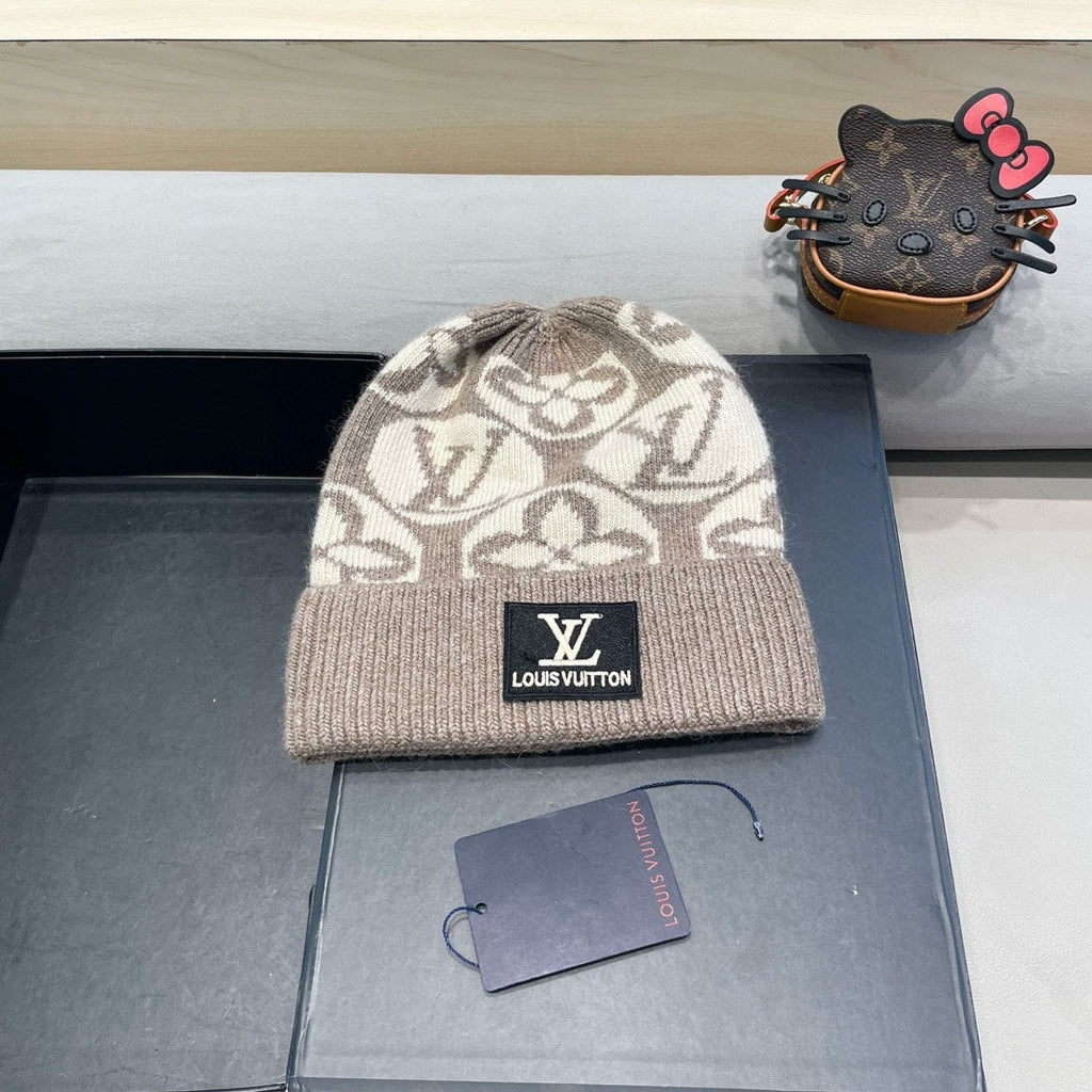 KNITTED BEANIE HAT IN BROWN MIX BEIGE WOOL AND RABBIT FUR 426244