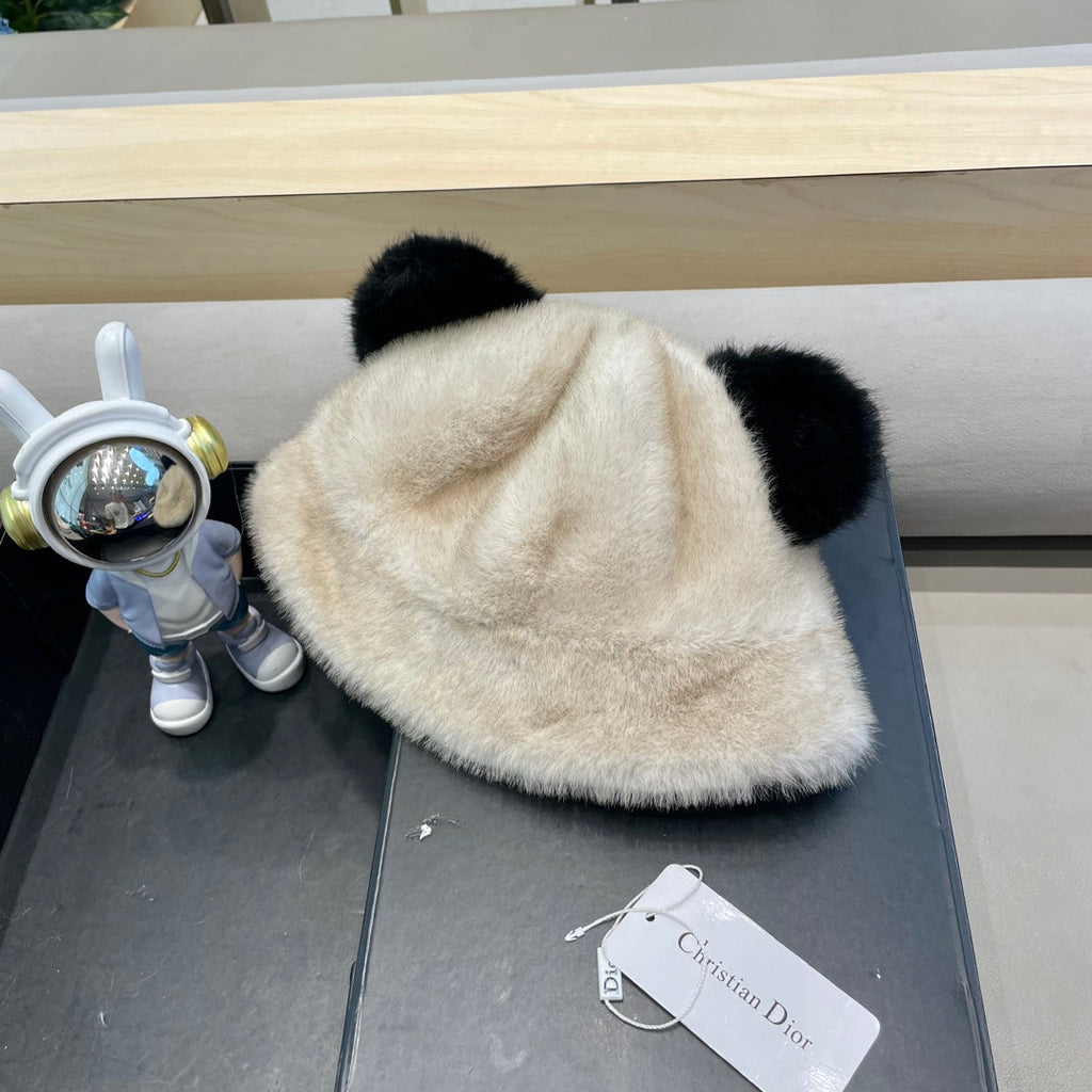 BUCKET HAT WITH CUTE BEAR EARS IN BEIGE RABBIT FUR 434968