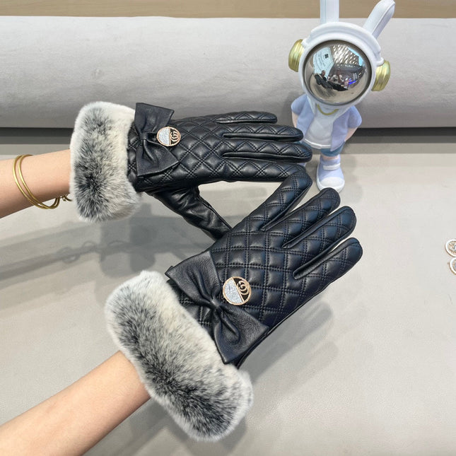 TOUCHSCREEN GLOVES WITH BOW IN BLACK RABBIT FUR MIX LAMBSKIN 463796