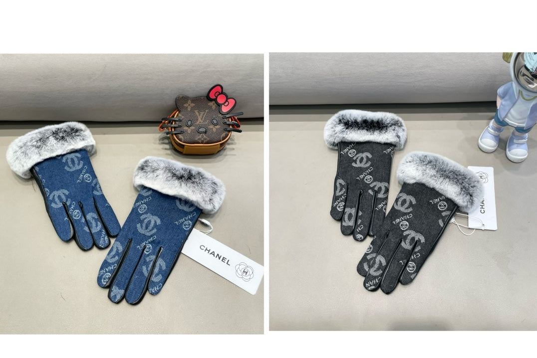 GLOVES IN NAVY BLUE DENIM AND BLACK CALFSKIN 463798
