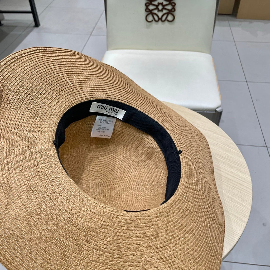 MIUMIU WIDE-BRIM BEACH HAT IN BEIGE WITH FABRIC BOW