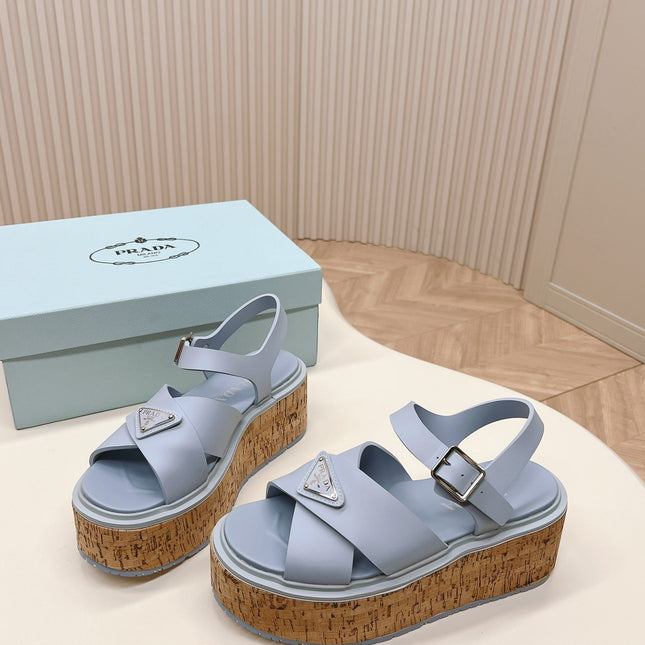 PRA WEDGE PLATFORM SANDALS SAPPHIRE CALFSKIN