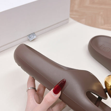 LOEWE 26S PEBBLE TOE-POST SLIDES IN DARK BROWN EVA GOLD HARDWARE