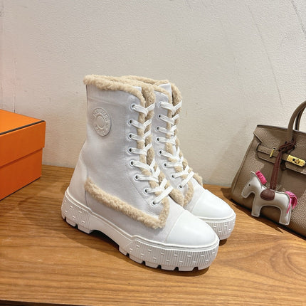 HM 26S SHEARLING LACE-UP BOOTS IN WHITE CALFSKIN AND SUEDE