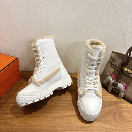 HM 26S SHEARLING LACE-UP BOOTS IN WHITE CALFSKIN AND SUEDE