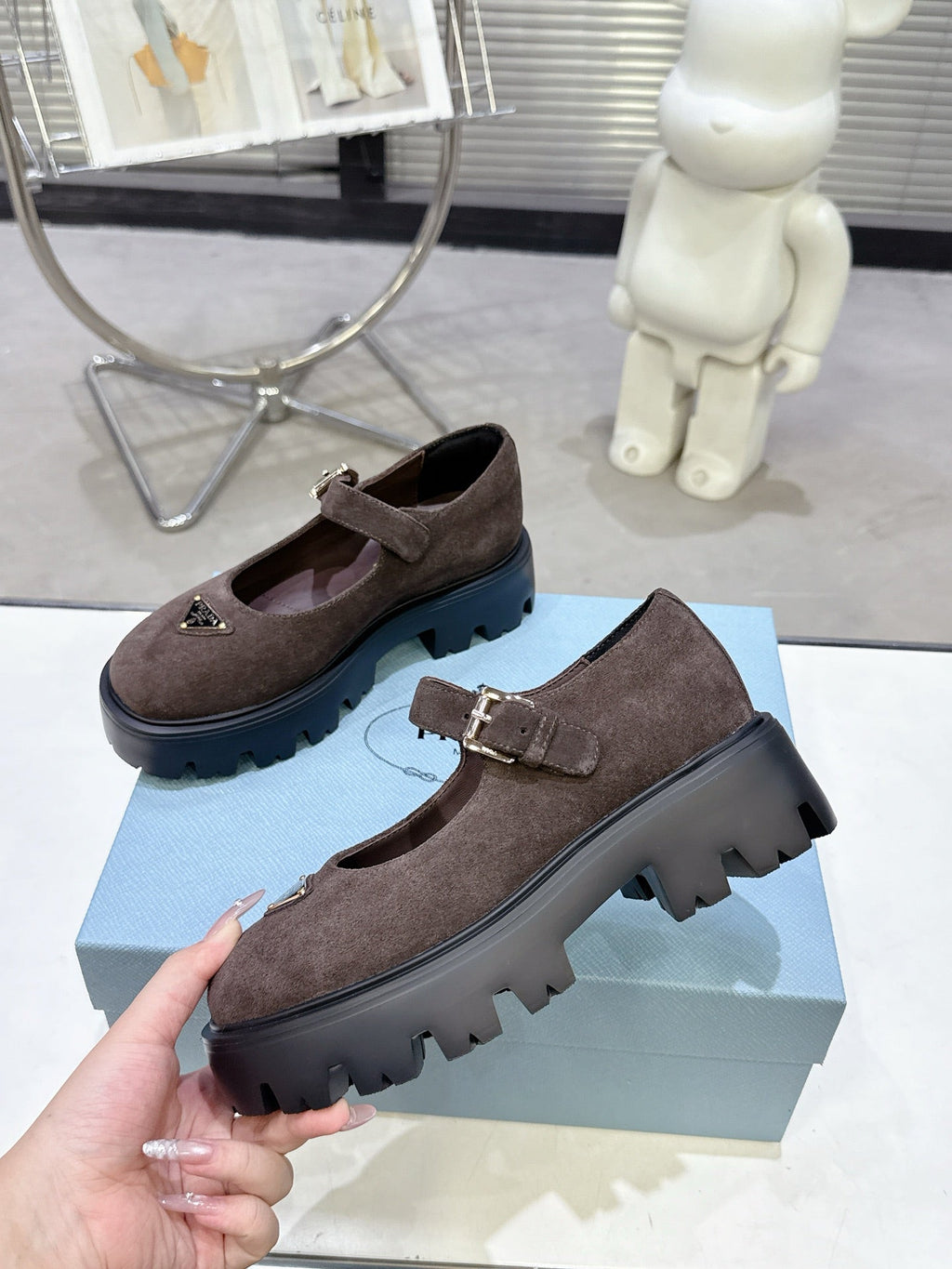 PRADA 25S PLATFORM MARY JANE SHOES IN DARK BROWN SUEDE STYLE 3