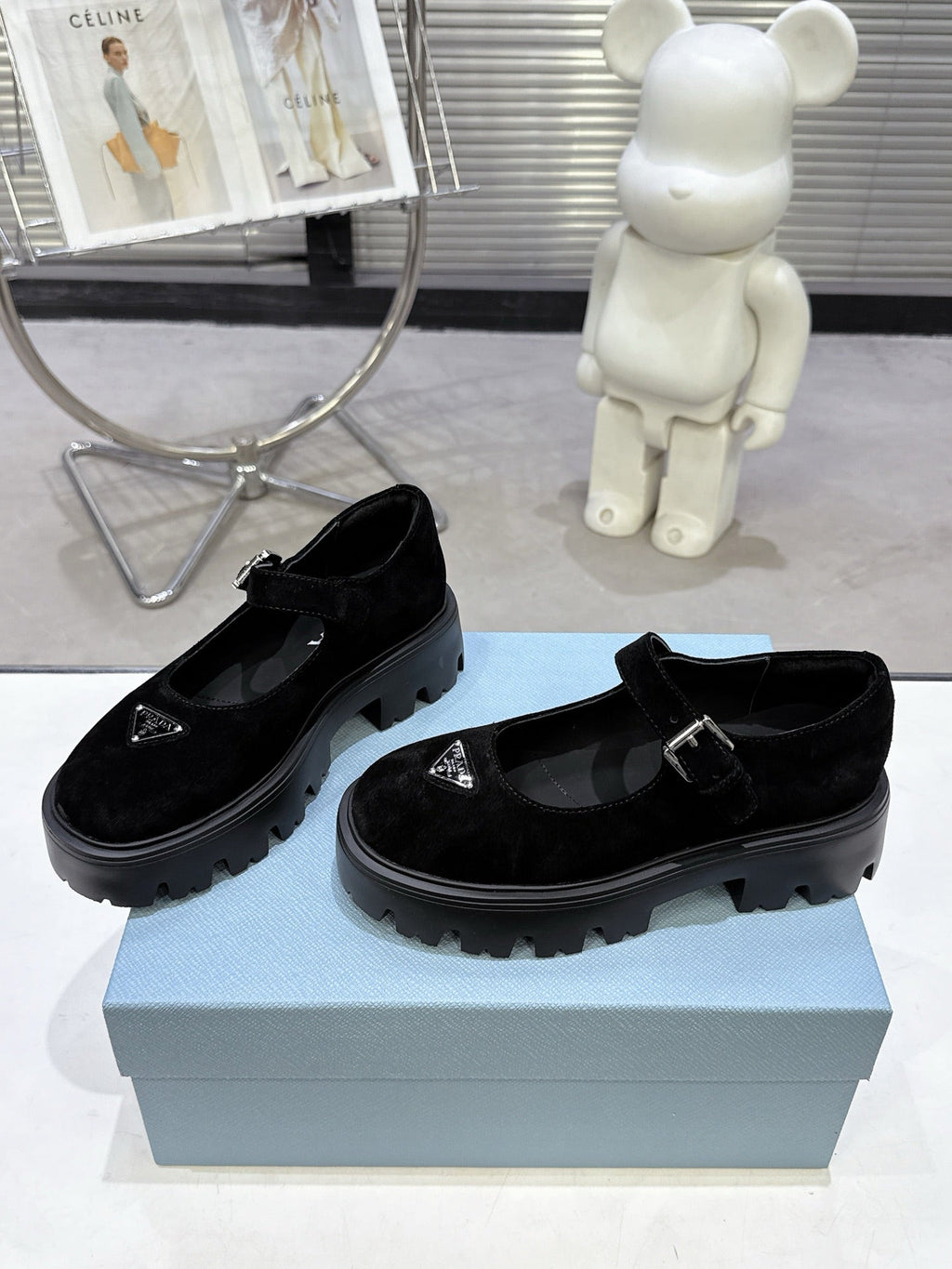 PRADA 25S PLATFORM MARY JANE SHOES IN BLACK SUEDE STYLE 2