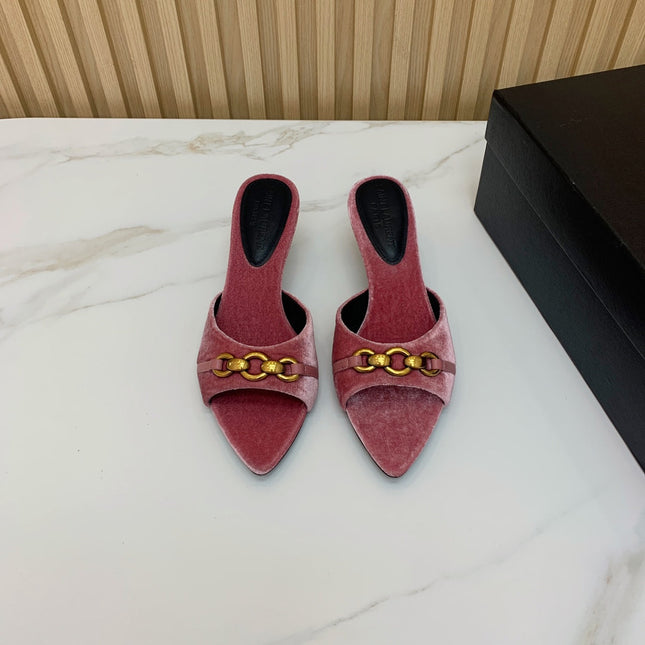 SL CHAIN ATTACH HEELED MULES BLUSH PINK VELVET