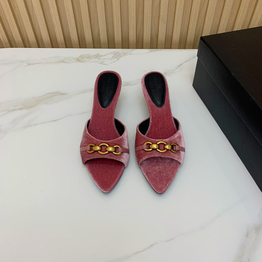SL CHAIN ATTACH HEELED MULES BLUSH PINK VELVET