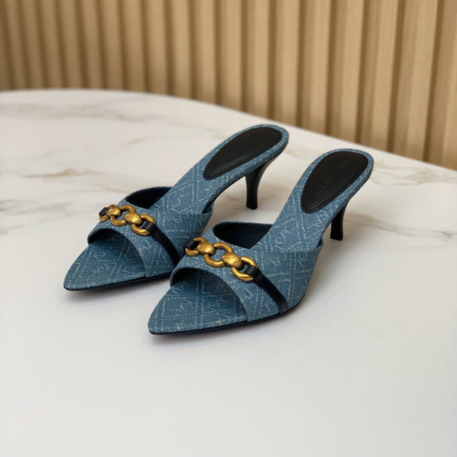SL CHAIN ATTACH HEELED MULES CERULEAN DENIM