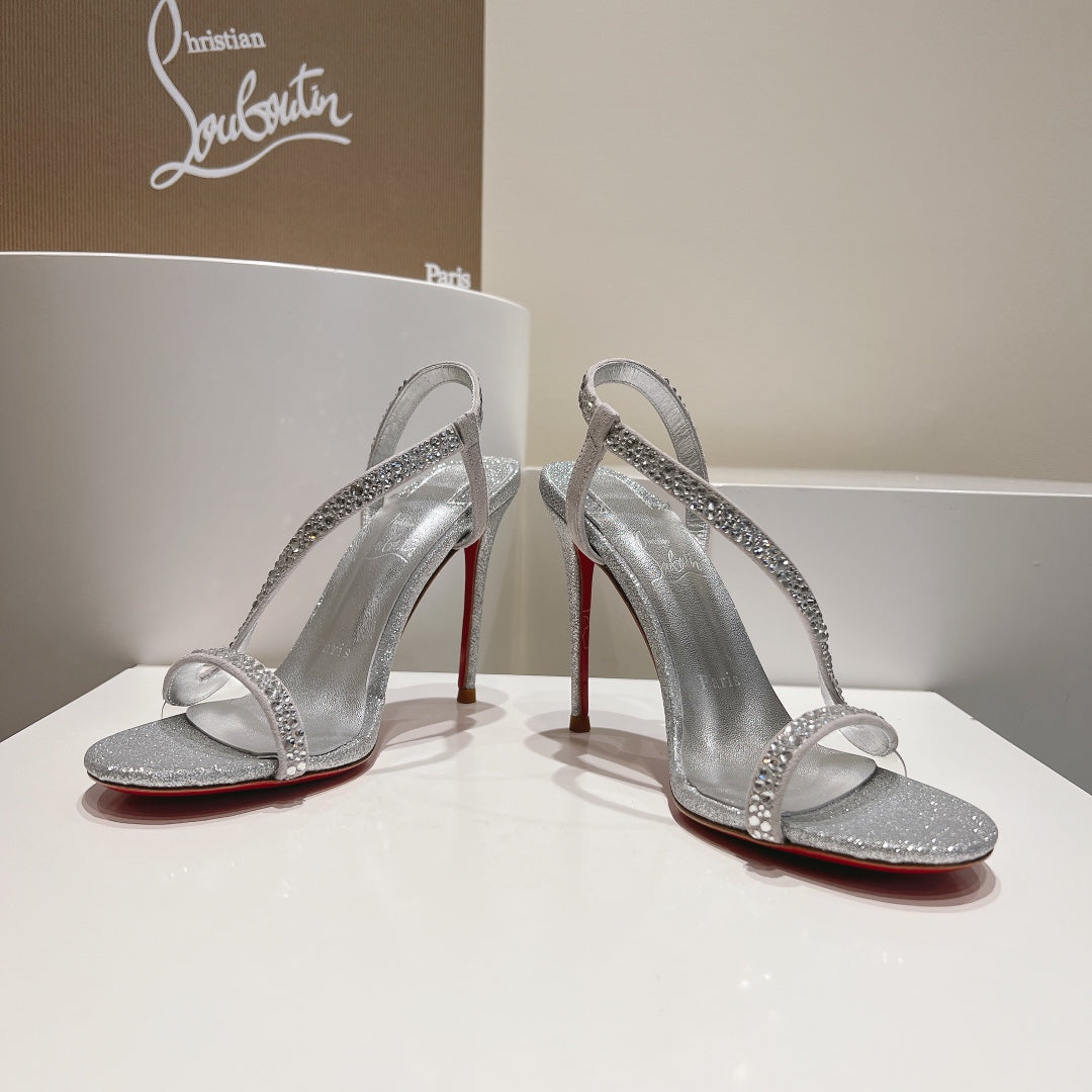 EMBELLISHED SANDAL 100MM IN SILVER MIX WHITE CALFSKIN