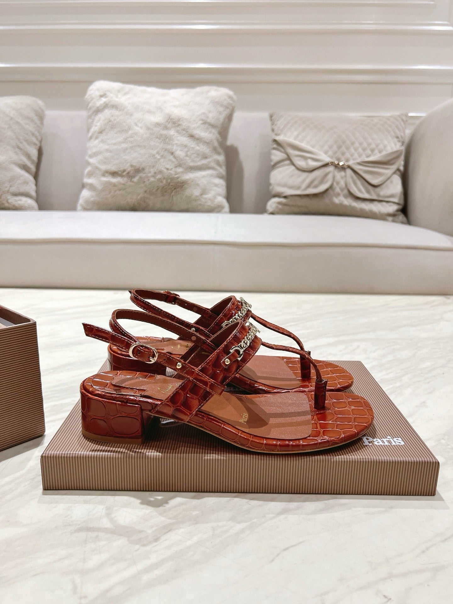 THONG SANDALS SLINGBACK 25MM IN SNAKE-EFFECT BURNT ORANGE CALFSKIN