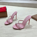 CRYSTAL GLITTER CRISS-CROSS STRAP SANDALS IN PINK CALFSKIN
