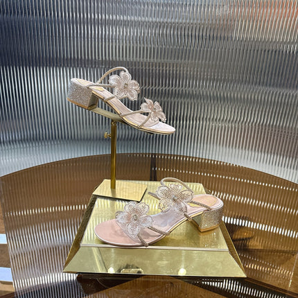 RENE CAOVILLA 26S FLOWER EMBELLISHED HEELS 45 MM IN NUDE BEIGE LAMBSKIN