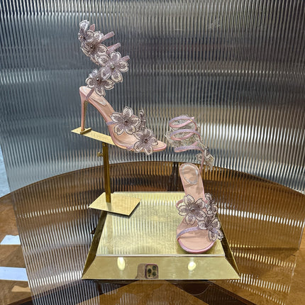 RENE CAOVILLA 26S FLORIANE HIGH HEELS 95 MM IN NUDE PINK LAMBSKIN FLOWER EMBELLISHED STRAP