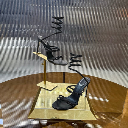 RENE CAOVILLA 26S CRYSTAL WRAP HEELS 95 MM IN BLACK LAMBSKIN