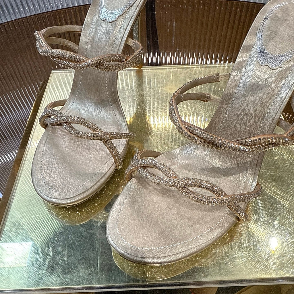 RENE CAOVILLA 26S CRYSTAL WRAP HEELS 95 MM IN LIGHT GOLD LAMBSKIN
