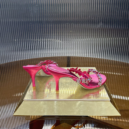 RENE CAOVILLA 26S HEEL SANDALS 75 MM IN DARK METALLIC PINK LAMBSKIN CRYSTAL FLOWER EMBELLISHMENTS