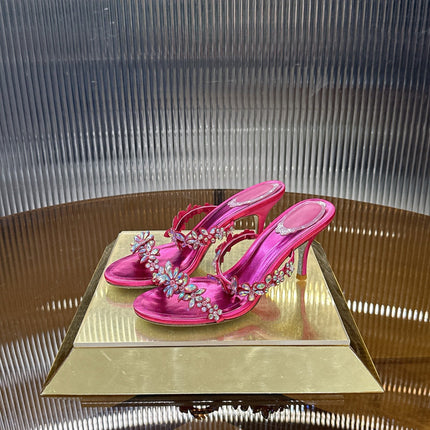 RENE CAOVILLA 26S HEEL SANDALS 75 MM IN DARK METALLIC PINK LAMBSKIN CRYSTAL FLOWER EMBELLISHMENTS