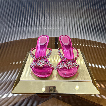 RENE CAOVILLA 26S HEEL SANDALS 75 MM IN DARK METALLIC PINK LAMBSKIN CRYSTAL FLOWER EMBELLISHMENTS
