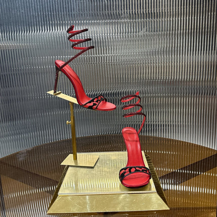 RENE CAOVILLA 26S TWISTED-STRAP HIGH-HEEL SANDALS 100 MM IN BLACK MESH AND RED LAMBSKIN